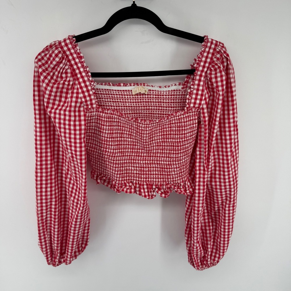 byTiMo Red Gingham Smocked Crop Top Cotton Puff Sleeve Square Neck Small
